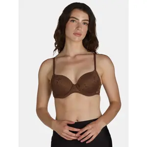 No Boundaries Women's Lightly Lined Underwire T-Shirt Bra in Brown Sizes 34A to 40DDD for Everyday Wear with Matte Finish & Double-Layer Wings for Support