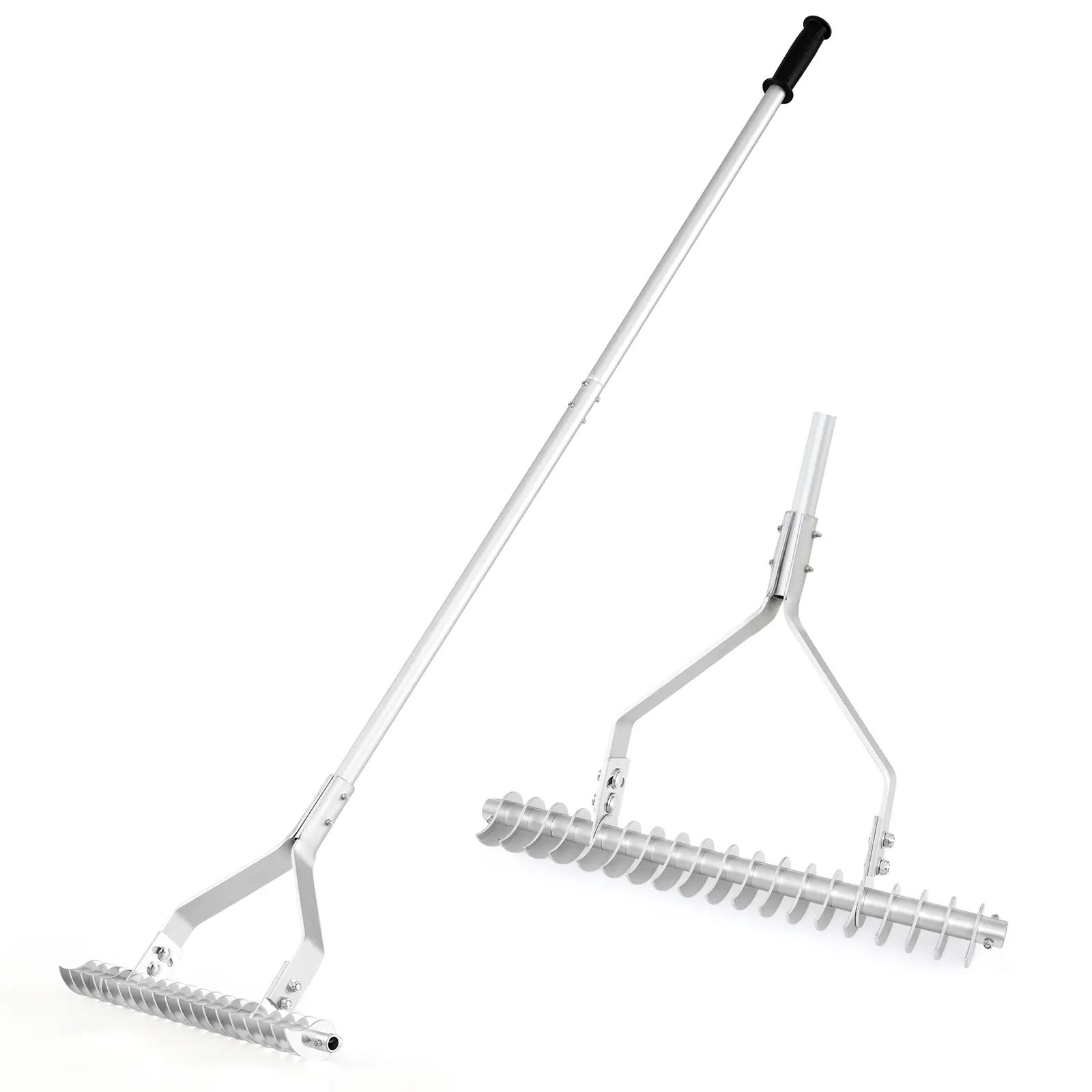 COSTWAY - 20 Inches Wide Aluminum Lawn Loosening Soil Rake with Long Handle and 19 Curved Tines