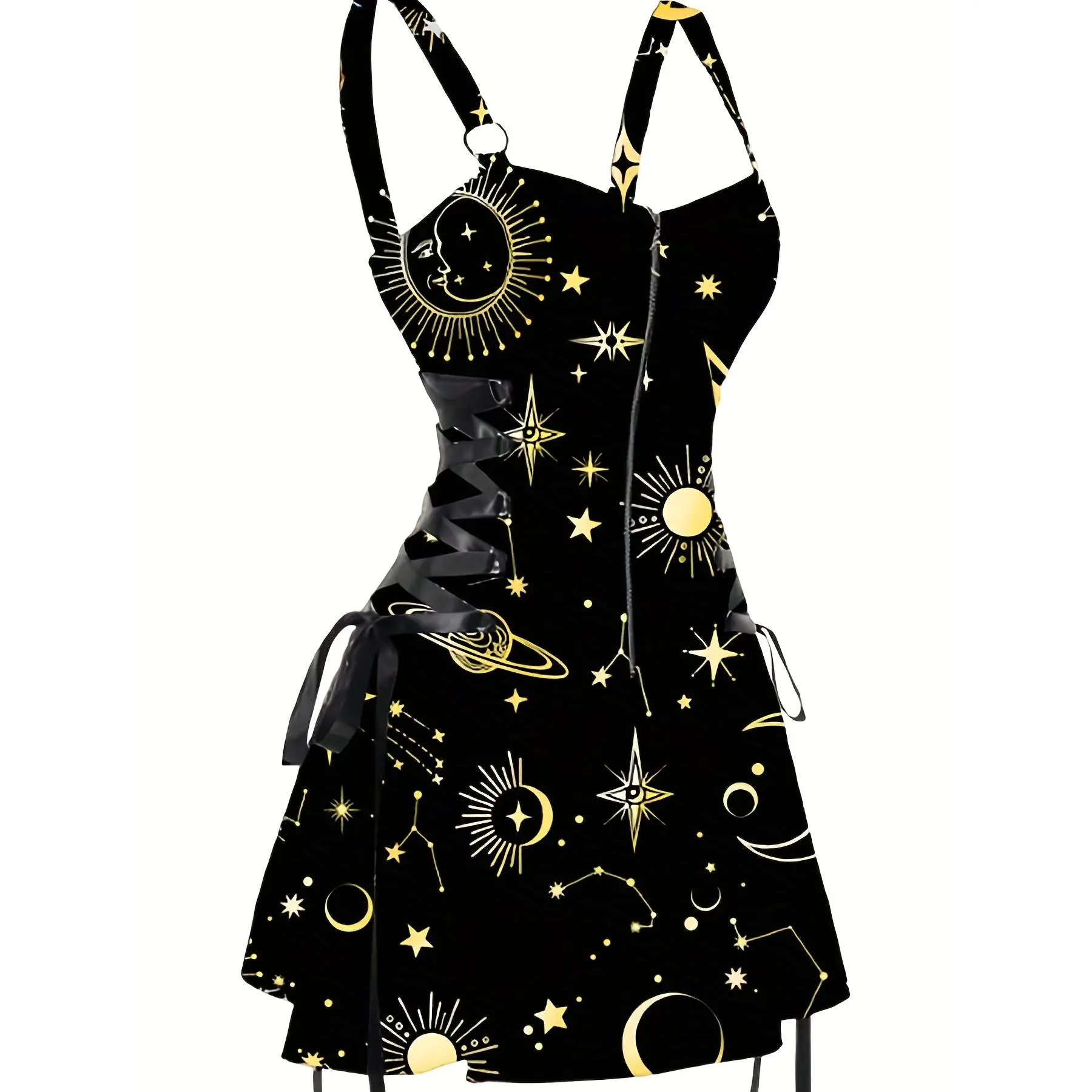 Women's Galaxy Sun & Moon Print Polyester Dress - Casual Strapless Sleeveless Braid Ring-Linked Backless Dancewear for Party Occasions, Adult, Do Not Dry Clean, Graphic, Backless Cut