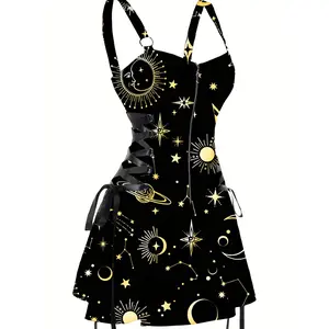 Sun & Moon Print Dress, Casual Ring Linked Backless Dress, Women's Clothing For Party Dressing