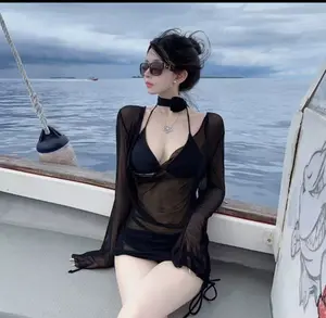 Ladies' Swimsuit Set - Sunscreen, Anti-wardrobe Malfunction, Pearl-embellished, Sexy Strappy Long Shirt Split Bikini Three-piece Set