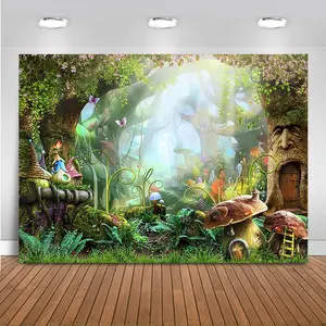 2D flat banner1pcs Forest Fairy Tale, Butterfly Mushroom Enchanted Fantasy Wonderland Spring Flower Background,  Birthday Party Banner Portrait,Photography Studio,Professional Photographer,Video Backdrops or Product Displays