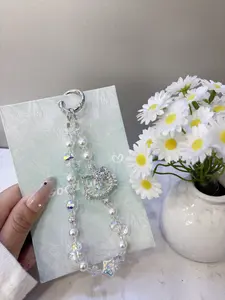 Cute Rhinestone Girly Lovely Phone Charm Beaded Wrist Strap for Phone Pearl Crystal Anti-Drop Lanyard Charm
