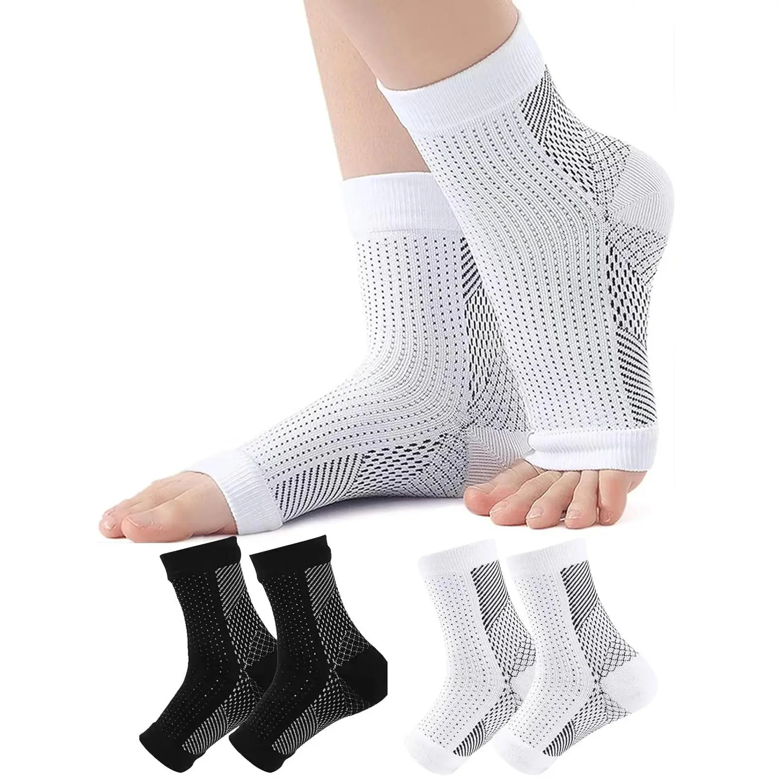 3 Pair Compression Socks for Plantar Fasciitis, Achilles Tendonitis Relief Ankle Compression Sleeve Arch Support Brace for Healthcare Man Everyday Use Cotton Black/White
