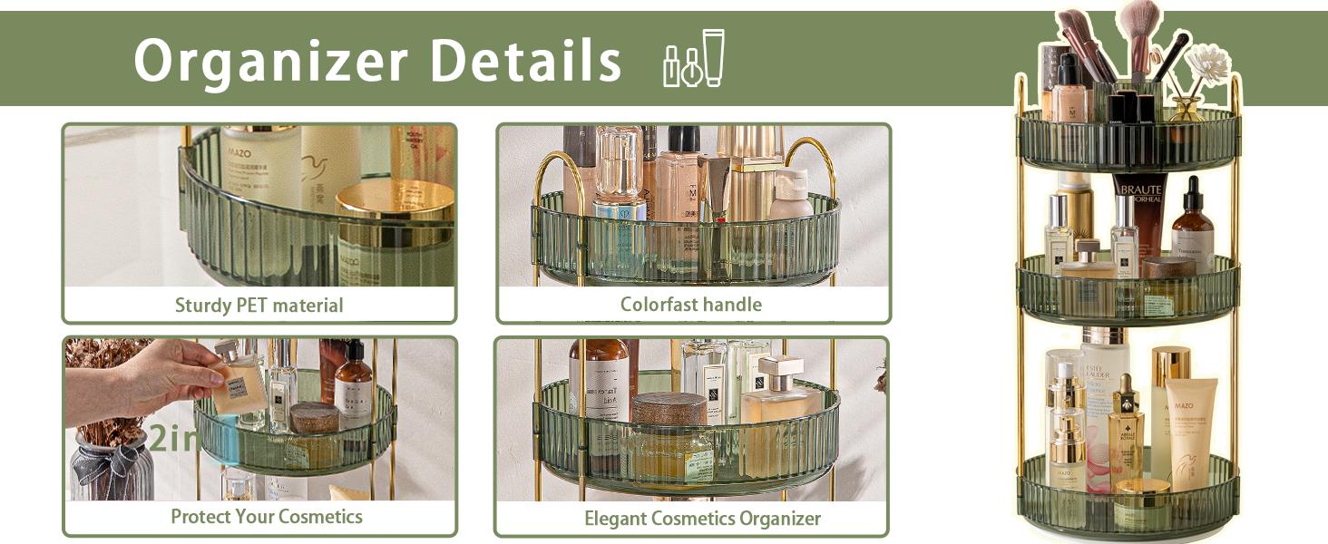 360-Degree Rotating Makeup Organizer, Bonus12-slot lipstick holder,Cosmetic Storage Display Case for Bathroom Vanity Countertop, Skincare and Perfume Storage Organizers, Jewelry Dresser Organizer, 3-Tier, Green