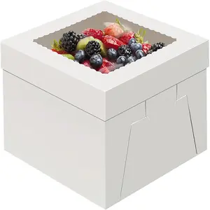 4 Pack Cake Boxes 12 Inch, Disposable Cake Transport Container, Cake Carrier, White Cake Holder with Large Window, for Bakery Cookies Pies Cupcakes Pastry (12x12x8 Inches)