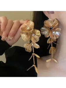 New waterfall fish tail pattern long fringed earrings fashionable diamond inlaid flower personalized exaggerated design temperament earrings