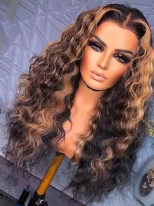 Fashion Ultra-Soft Gradient Highlight Highlights Gold 26 Inches 180 Density Lace Front Wig Natural Twisted Curled Hair Daily Use Synthetic Curly Wigs Fashion Lace Front Wigs