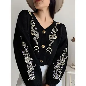 Women's V Neck Gothic Plant Snake Embroidery Sweater, Casual Loose-Fit Short Knitted Cardigan, Fall & Winter Fashion