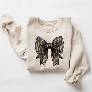 Camo Bow Sweatshirt, Camo Coquette Bow Duck Hunting Shirt, Old School Camo Fall Shirt, Full Sizes, Full Colors Sweaters Printed Tops
