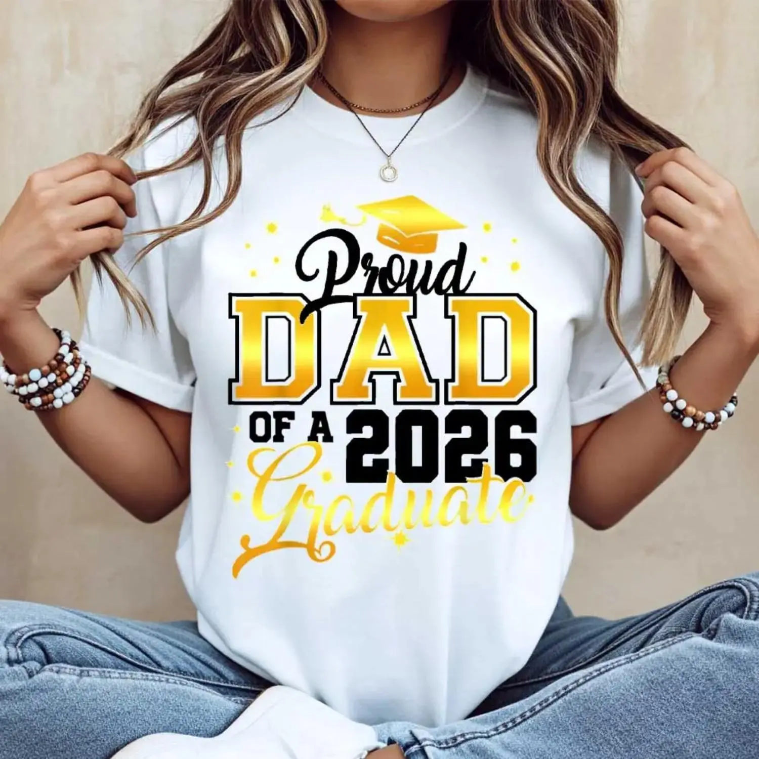 Women's Fitted Short-Sleeve T-Shirt - Lady's Casual Women's Clothes with 2026 Graduate Proud Dad Cap Design Crewneck for Graduation Celebration