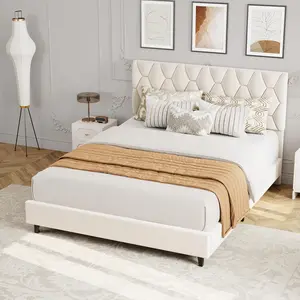Garvee Beige Full Bed Frame, Full Size Upholstered Bed Frame, Full Size Heavy-Duty Platform Bed Frame with Height Adjustable Fabric Headboard, Strong Wood Slat Support/No Box Spring Needed