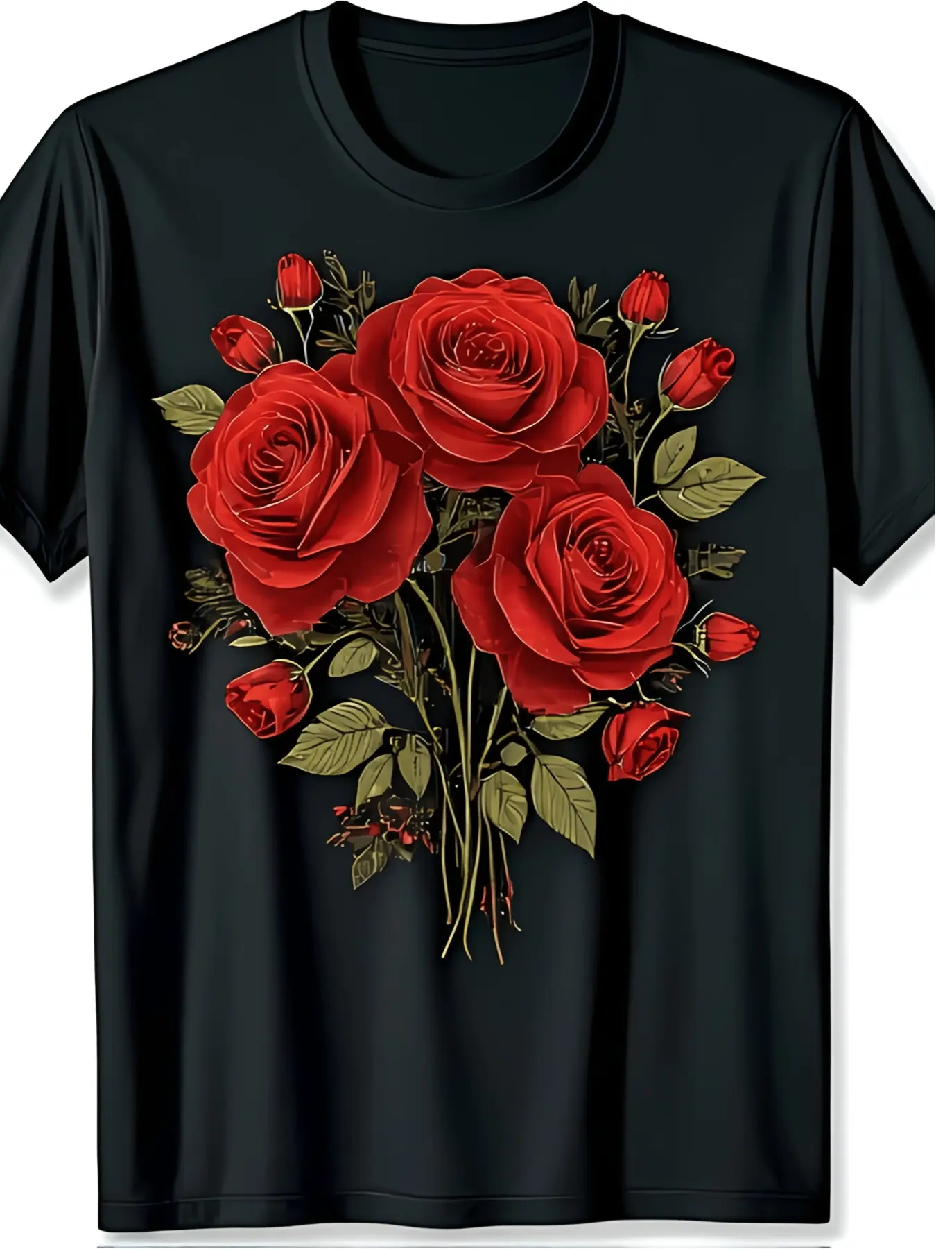 Women's Vintage Red Rose Bouquet Print Short-Sleeve Crew Neck T-Shirt - Breathable Elegant Apparel, Summer Casual Top, Mother's Day Gift for Mom