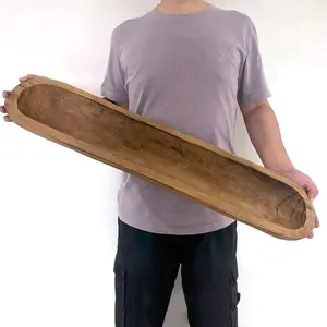 Wooden Decorative Dough Bowls Rustic Long Bread Wood Bowl Tray Hand Carved for Table Centerpiece Home Decor (30 * 6 * 2 inch Brown)