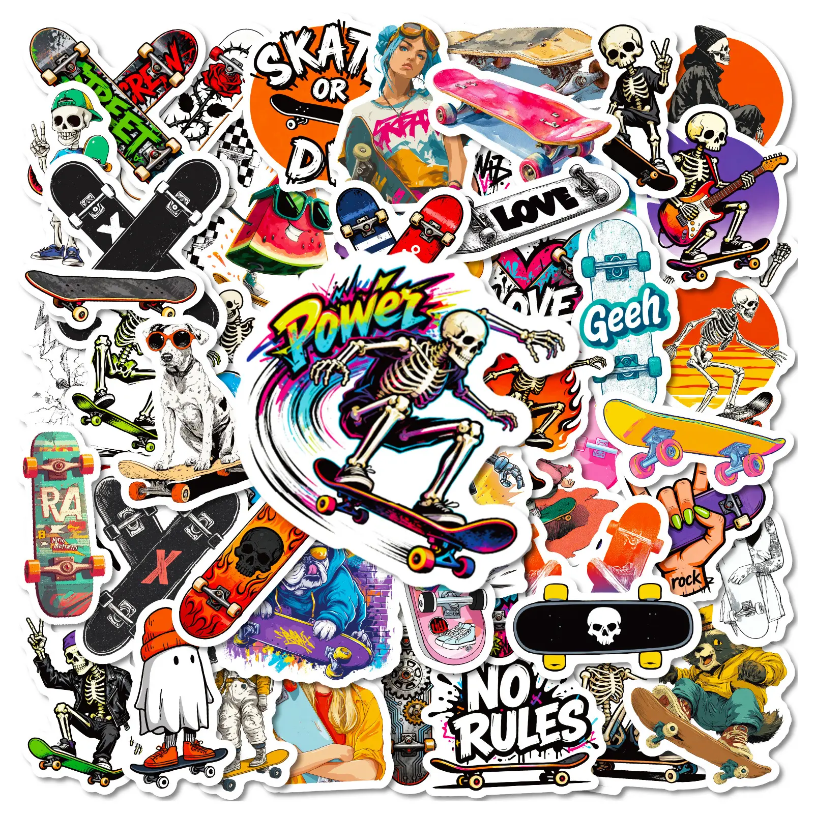 56 Trendy Street Skateboard Skull Graffiti Stickers, Premium Skull Stickers, Sticker Decals, Suitable for Scrapbooks, Diaries, Laptops, Water Bottles, Cars, and Other Faith-based Designs—gifts with Positive Messages