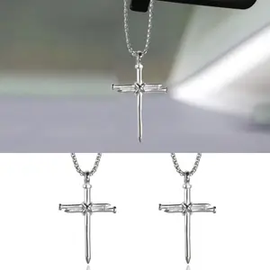 2PCS Nail Cross Pendant, Metal Cross Car Hanging Ornament, Car Rear View Mirror Charm Hanging Chain, Religious Cross Necklace Decoration (Silver)