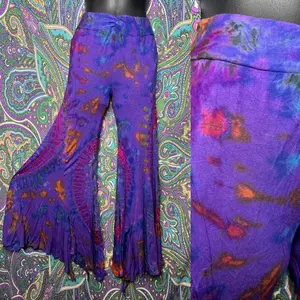 Purple Rainbow Flow Pants tie dye stretch flare bell bellbottom asymmetrical hem, hippy festival festie, forest festifit