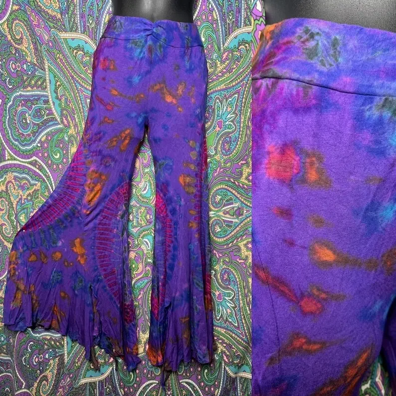 Purple Rainbow Flow Pants tie dye stretch flare bell bellbottom asymmetrical hem, hippy festival festie, forest festifit