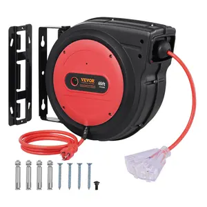 VEVOR Retractable Extension Cord Reel, 65 FT, Heavy Duty 12AWG/3C SJTOW Retractable Power Cord with Lighted Triple Tap Outlet, 15 Amp Circuit Breaker 180 °   Swivel Bracket for Ceiling or Wall Mount
