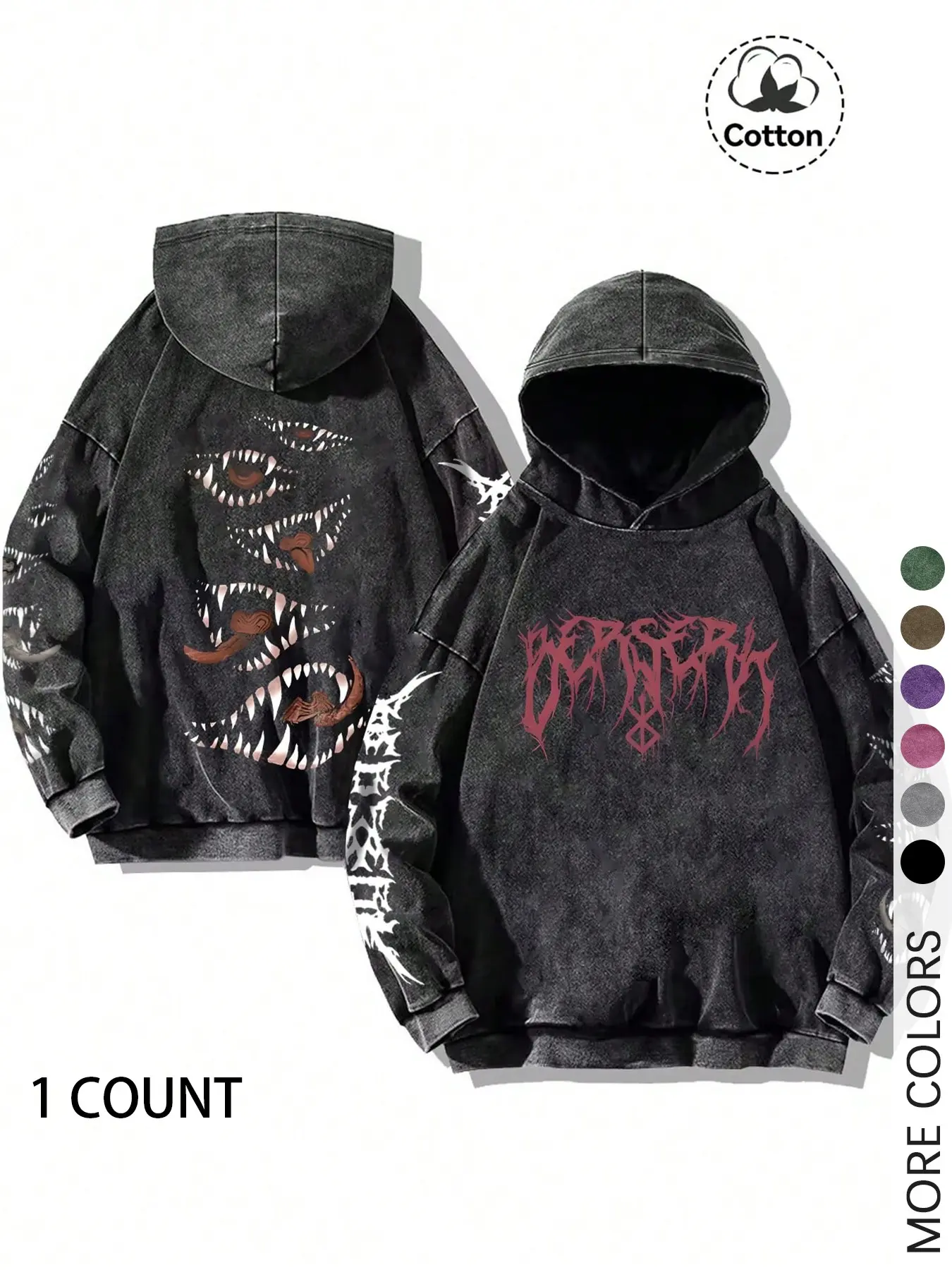 Unisex Oversized Dark Streetwear Hoodie, Bold Berserk Graphic and All-Over Print Design, Soft Cotton, Ideal for Unisex Streetwear Enthusiasts and Music Festivals