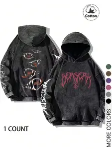 Unisex Oversized Dark Streetwear Hoodie, Bold Berserk Graphic and All-Over Print Design, Soft Cotton, Ideal for Unisex Streetwear Enthusiasts and Music Festivals