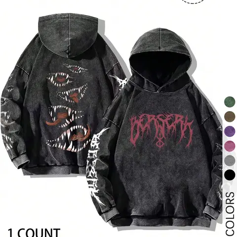Unisex Oversized Dark Streetwear Hoodie, Bold Berserk Graphic and All-Over Print Design, Soft Cotton, Ideal for Unisex Streetwear Enthusiasts and Music Festivals
