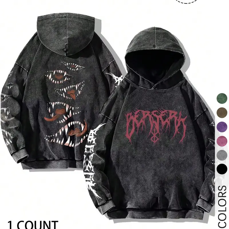 Unisex Oversized Dark Streetwear Hoodie, Bold Berserk Graphic and All-Over Print Design, Soft Cotton, Ideal for Unisex Streetwear Enthusiasts and Music Festivals