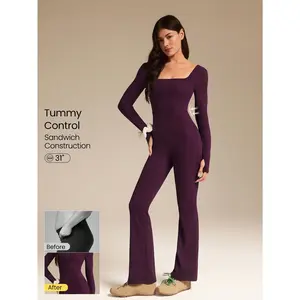 GLOWMODE FeatherFit Air Sunproof Flare Free Lightweight Square Neck Open U Back Long Sleeve Flare Leg Bodysuit With Thumbholes Low Impact Daily Casual Wear Removable Cups