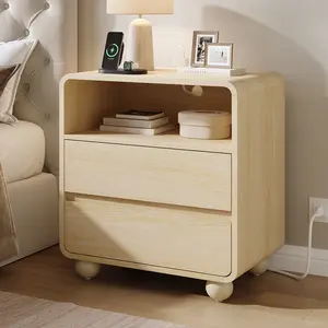 Aowos Nightstand, 23.6" Wide Large Bedside Table, Curved Wooden End Table with Charging Station, 2 Storage Drawers & Open Shelf, Bedroom Living Room, Panel End Tables for Bedroom & Living Room, Bedside Cabinet with USB Ports, Natural, Black, White