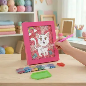 Diamond Art Kit Set 7 1/8" x 7 1/8" with Frame (Cat with Pink Frame)