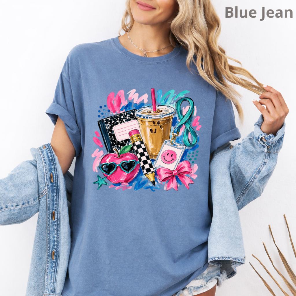 Comfort Colors Preppy Teacher T-Shirt, Watercolor Iced Coffee Graphic Tee, Coquette Back to School Shirt, Cute Teacher Gift