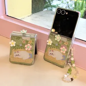 For Samsung Galaxy Z Flip 7/6/5/4/3 FE Hinge Protective Phone Case with 3D Flower Cute Cat Star Wrist Strap Suit for Flip7/Flip6