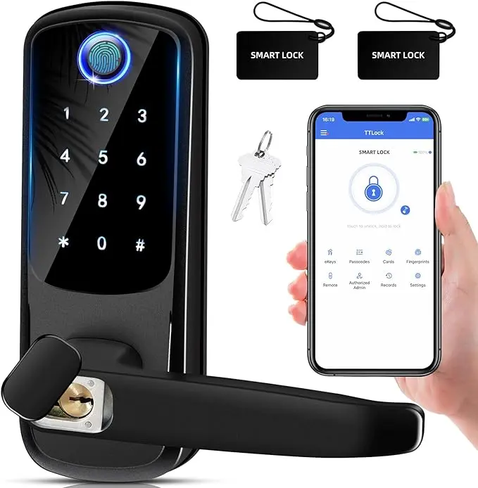 8-in-1 Smart Door Lock with Handle, HOOWISER,Biometric Fingerprint & App Remote Control Keyless Entry Digital Electronic Lock, Security Sensor Lock for Front Door, Home, Apartment, Hotel & Office, Batteries Not Included