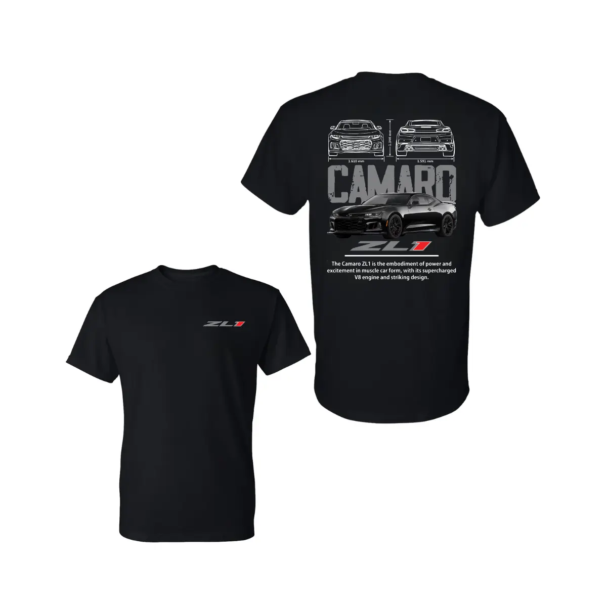 Camaro ZL1 T-Shirt, 2 Sides Muscle Car Graphic Tee, Soft Cotton Blend Comfort, Blueprint and Front View Back Design, Unisex Automotive Apparel for Men and Women, Car Enthusiast Gift