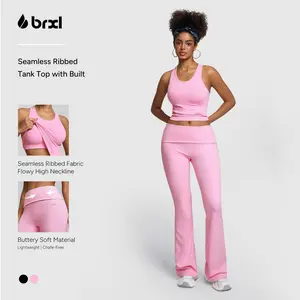 BRXL 【Discount for live】Women's 2-Piece Buttery Soft Yoga Set - Seamless Ribbed Tank Top with Built-In Bra, High Waisted Sporty Sports Bottoms Flare Leggings for Lounge, Gym (Live Discount) - BRXL-1