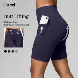 BRXL Biker Shorts Women BrxlZero Pockets 8" No Front Seam High Waisted Workout Tummy Control Running Yoga Shorts