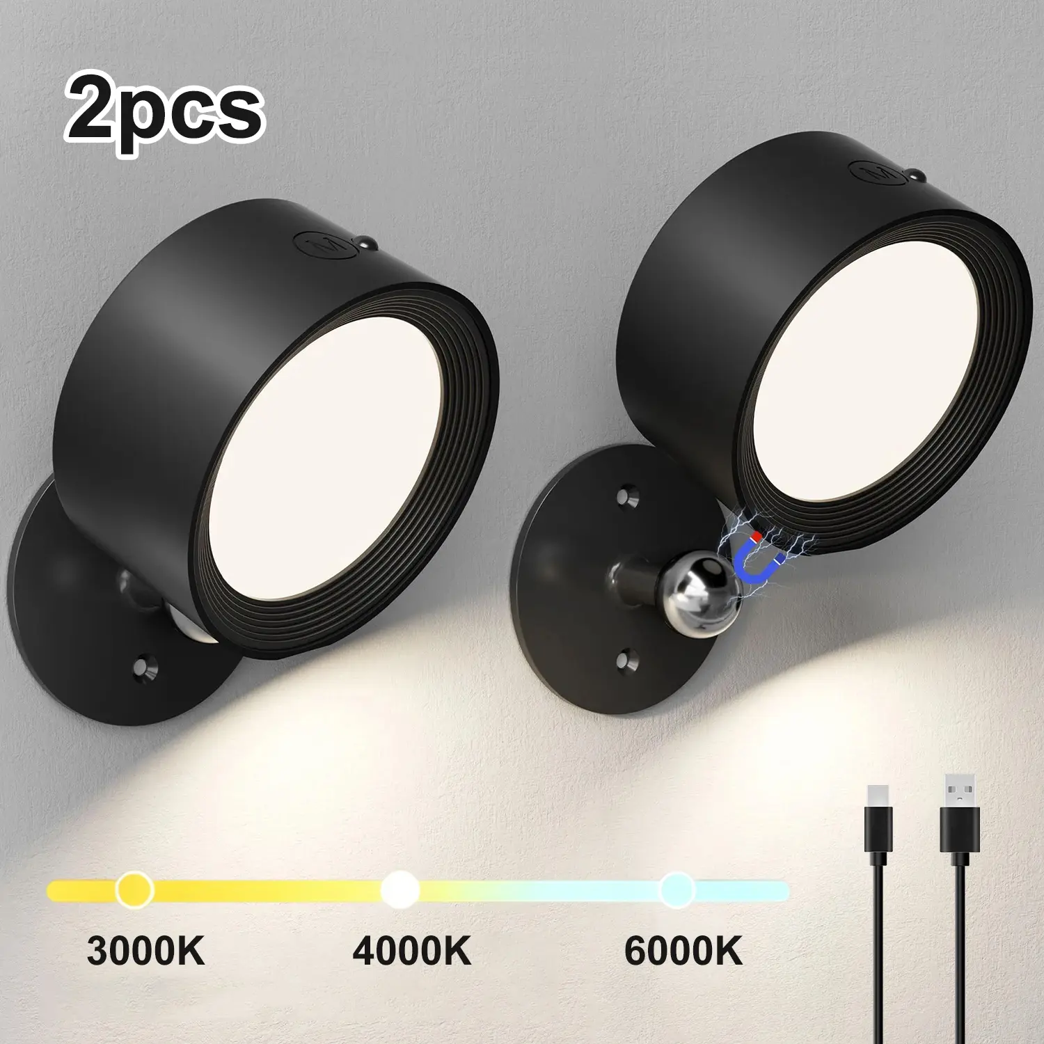Rechargeable LED Wall Mounted Sconces, Touch Control 3 Color Temperatures Dimmable Wall Lights, 360° Rotating Bedside Reading Lamps for Bedroom