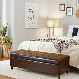 Adeco 51 inch Rectangle Lift Top Storage Ottoman Bench in Upholstered Tufted PU Leather with Large Storage Space, Coffee Table Toy Box Footrest Stool for Living Room Bedroom Entryway, Brown