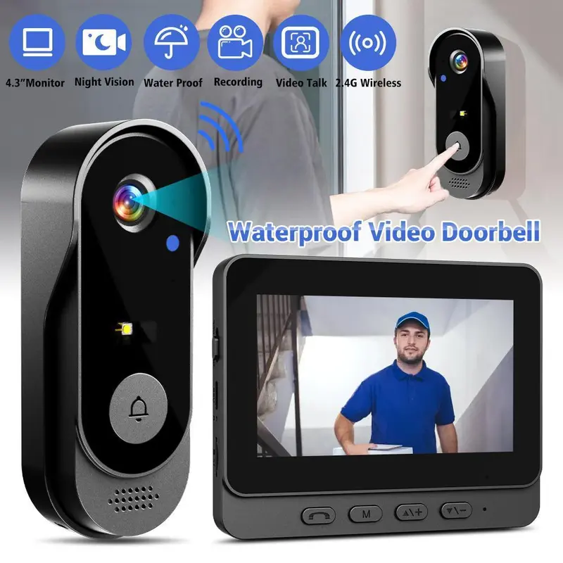 Wireless Video Doorbell with 4.3 Inch Color Screen 2.4G WiFi Connectivity Night Vision Waterproof Long Battery Life Includes Chime and Installation Accessories,for Valentine’s Day Gift