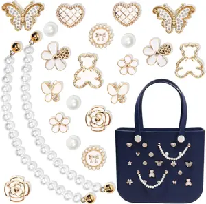 22 Pcs Beach Charms for Bogg Bag DIY Accessories Bear Flower Love Pearl Chain Charm Cute Decoration Bag Charms for Bogg Bags Rubber Tote Beach Bags for Women