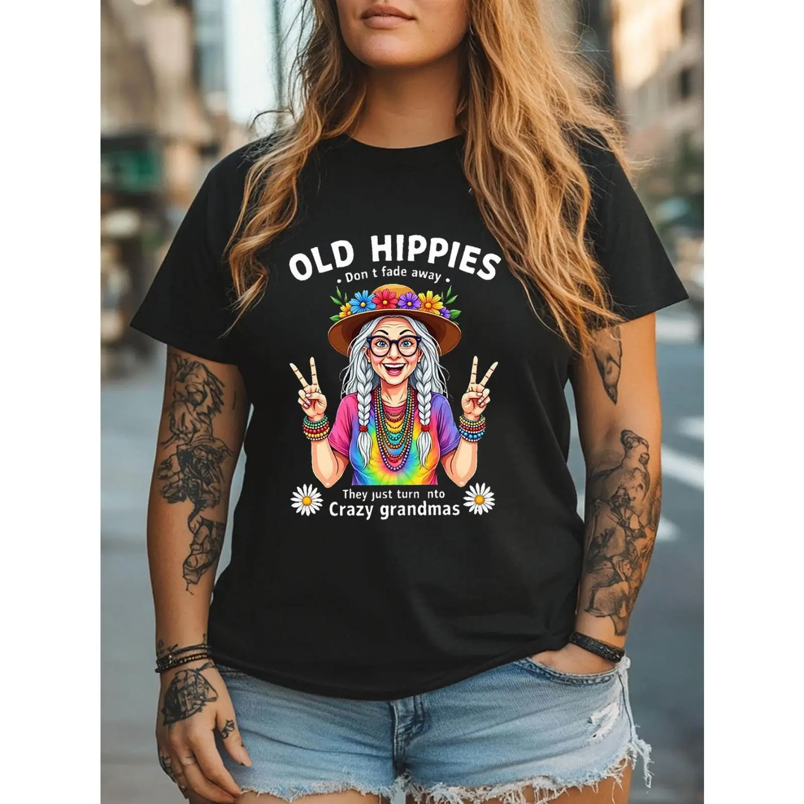 Women's Basic Cotton Fitted Round Neck Short-Sleeve Breathable Vintage Hippie T-Shirt - Vibrant Peace-Loving Grandma Illustration, Nostalgic Tie-Dye, Playful Daisy Details, Machine Washable - Ideal for Summer Activities, Streetwear, Joggers Pairing, Lady,