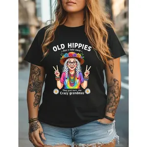 Vintage Hippies Never Disappear T-Shirt - Showcasing a Vibrant Peace-Loving Grandma Illustration, Nostalgic Tie-Dye Style, And Playful Daisy Details - Perfect for Summer Activities, Everyday Wear