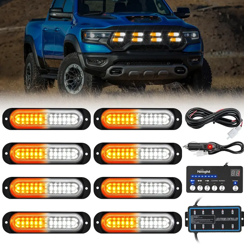 Nilight 8PCS 12-LED Strobe Lights Kit with Sync Controller - 12-24V Power Aluminum Surface Mount, Vehicle Accessories, Truck Accessories, Strobe Lights for Trucks, Car Tractor Pickup Module,car accessories