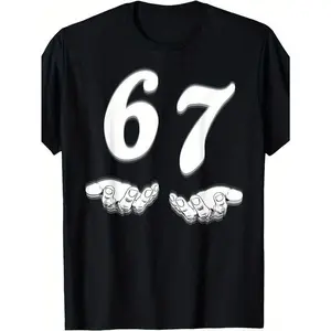 Funny 67 Meme T-Shirt for & - 67 Number Joke Design with 6 & 7 Hands Print, 100%25 Cotton Soft Crew Neck Tee,  Casual Gift Idea for Birthdays, Parties & Casual Attire (Black) Menswear Tops Breathable Tshirt