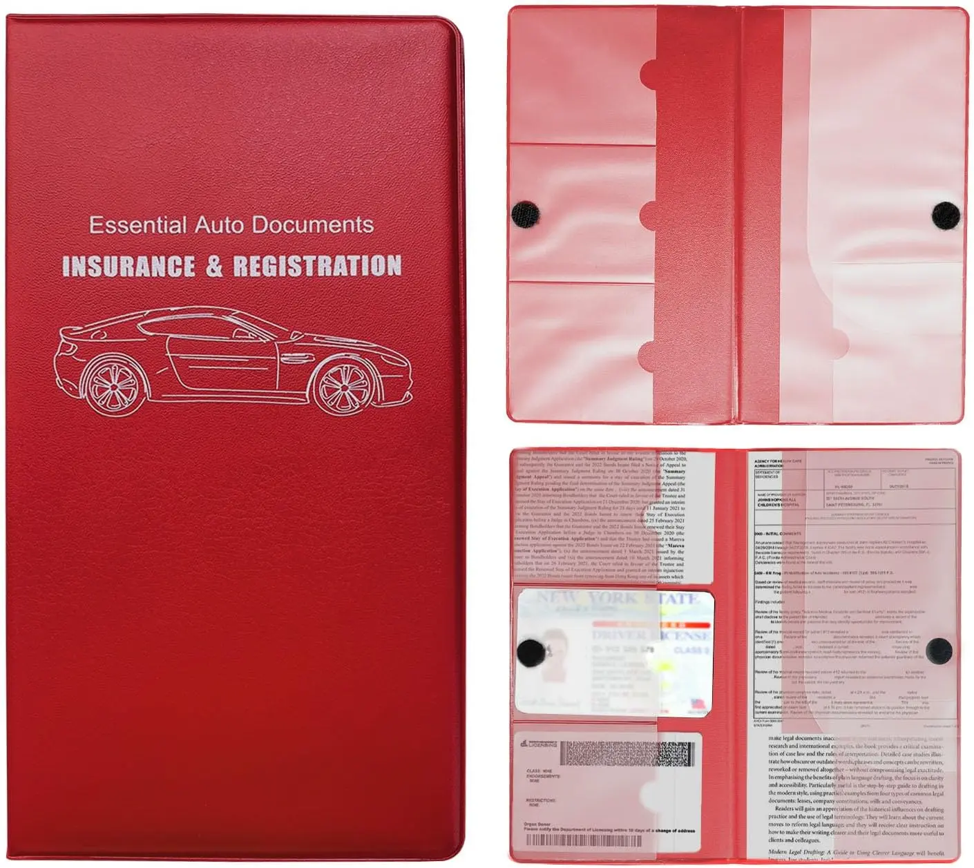 Car Registration and Insurance Holder, 10.39''×9.56'' Essential Auto Card Document Glove Box Organizer with Closure, Car Interior Accessories (Red, Large Car)