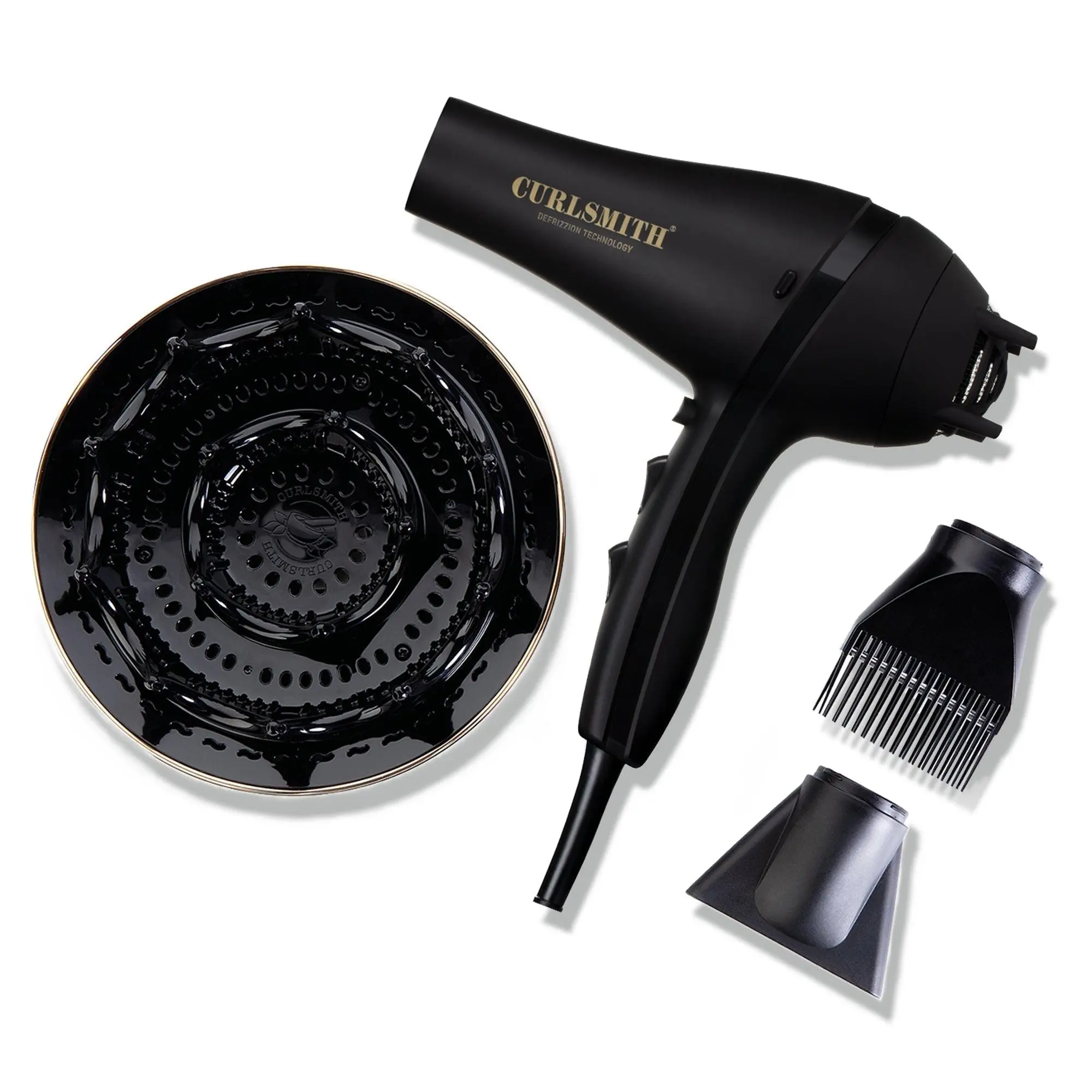 Curlsmith Defrizzion Hair Dryer & XXL Diffuser | For All Curl Types | Ionic Frizz Control & 360 Degree Airflow | 3 Heat & 2 Speed Settings, 8 Inch Diffuser