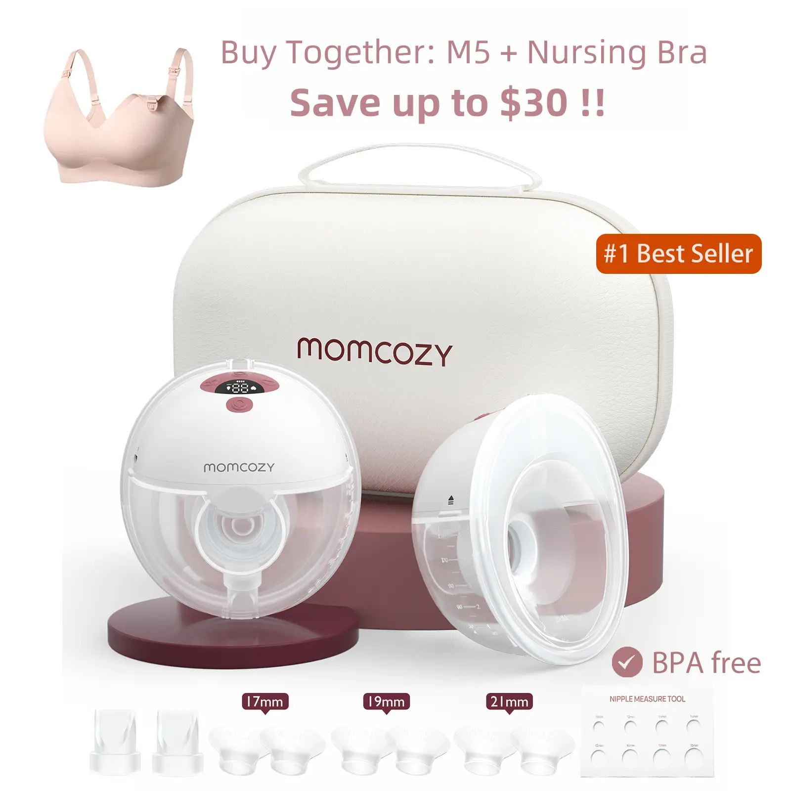 Momcozy M5 Hands-Free Wearable Breast Pump, Double-Sealed Flange for Baby-Like Comfort, 3 Modes & 9 Suction Levels, Portable Electric Pump – 24mm, A