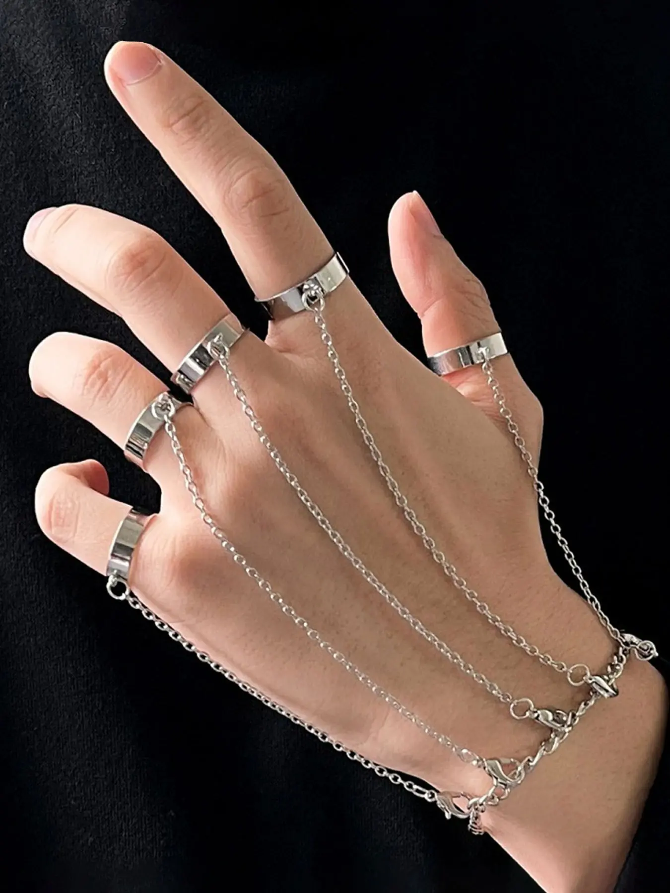Hiphop Punk Creative Chain Bracelet Ring Set, Unisex Minimalist Adjustable Open Ring, Stylish Jewelry for Men & Women, Fashion Jewelry Set, Fashionable Jewelry Set