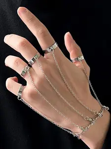 Hiphop Punk Creative Chain Bracelet Ring Set, Unisex Minimalist Adjustable Open Ring, Stylish Jewelry for Men & Women, Fashion Jewelry Set