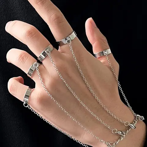 Hiphop Punk Creative Chain Bracelet Ring Set, Unisex Minimalist Adjustable Open Ring, Stylish Jewelry for Men & Women, Fashion Jewelry Set, Fashionable Jewelry Set
